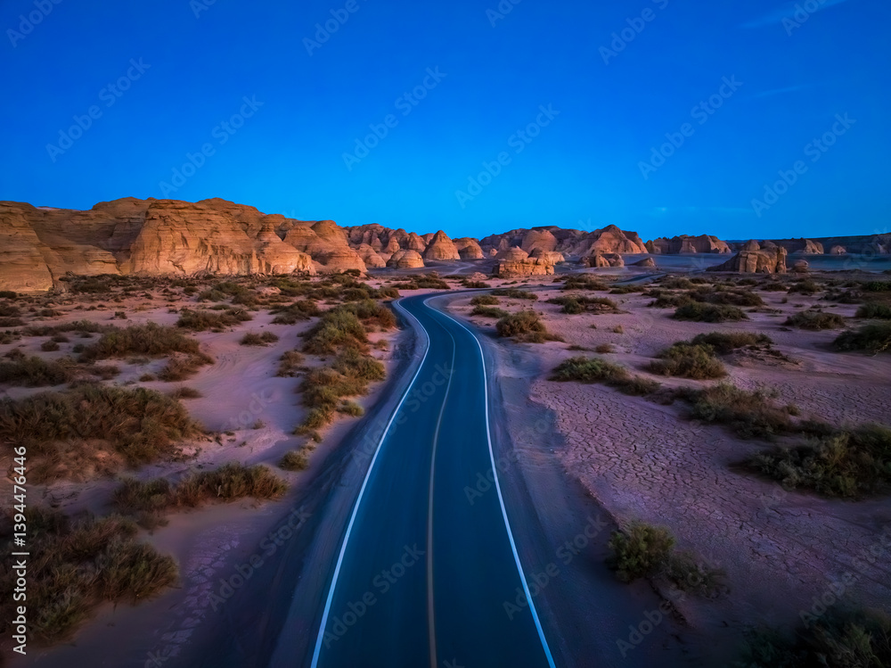 Aerial view of a road through the desert landscape at twilight. Famous Dahaidao no man's land natural scenery in Xinjiang, China.