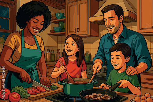 Multiracial family cooking dinner together in warm home kitchen