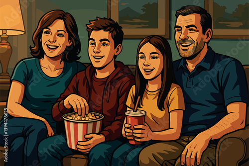 Family movie night with parents and teens on cozy living room couch