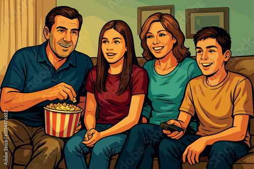 Family movie night with parents and teens on cozy living room couch