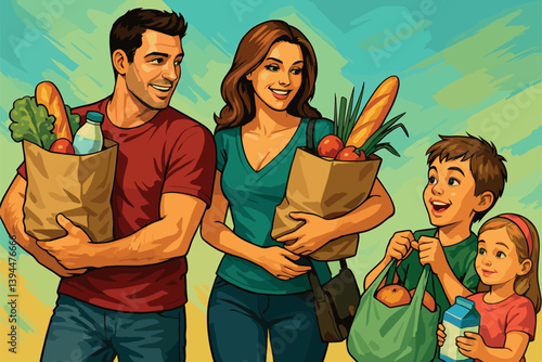 Young parents and children helping carry groceries home together