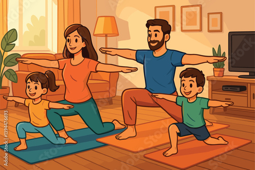 Family practicing yoga poses together in cozy home living room