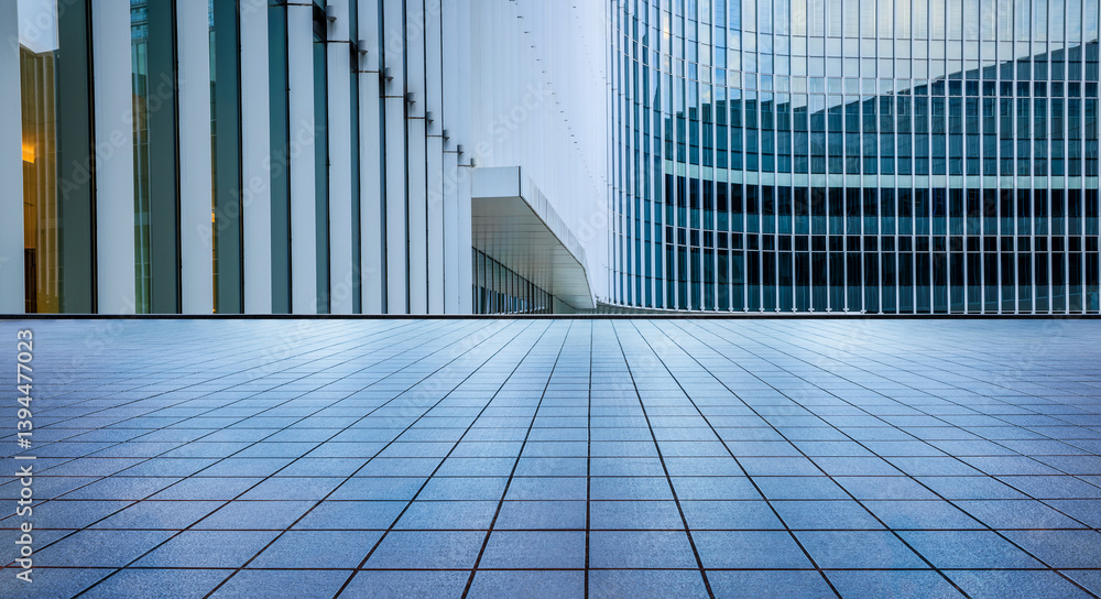Empty square floors and glass wall with modern buildings in city landscape