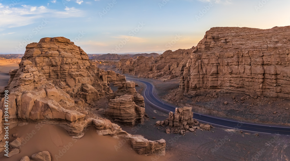 A road winding through the Yardang landform at sunset. Famous Dahaidao no man's land natural landscape in Xinjiang, China.