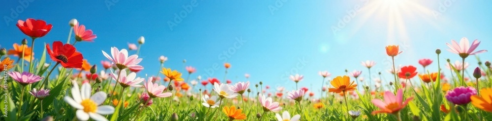 Sun-drenched wildflowers bloom under a brilliant blue sky Peaceful summer meadow , blue sky, sun Sun-drenched wildflowers bloom under a brilliant blue sky Peaceful summer meadow , blue sky, sun