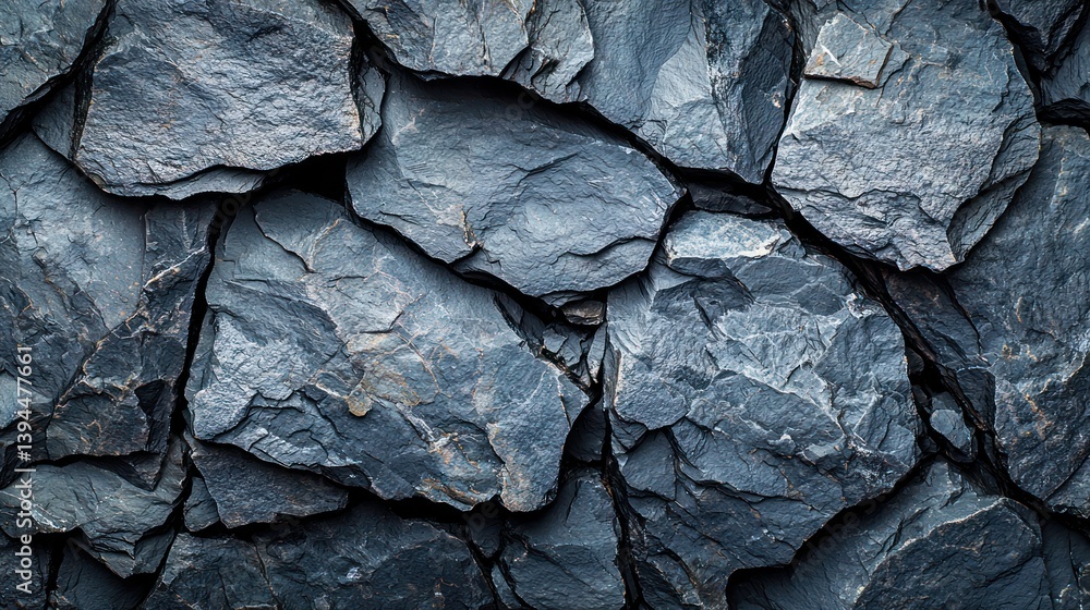 Close-up view of a textured stone wall, exhibiting various shades of gray and dark blue slate. Close-up view of a textured stone wall, exhibiting various shades of gray and dark blue slate.