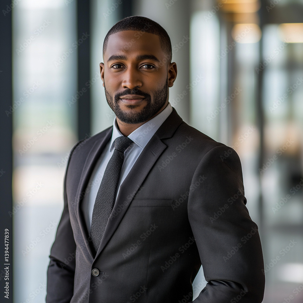 Fototapeta premium Black business professional in tailored suit with calm authority representing confidence and leadership against blurred modern office background