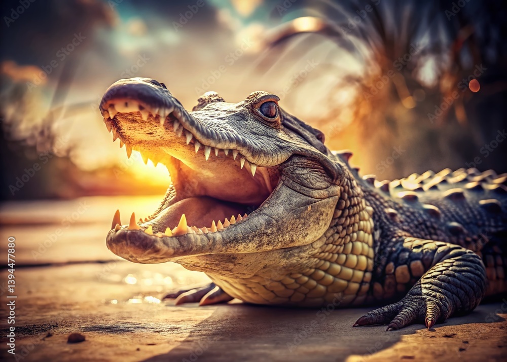 Obraz premium Ancient Sunbather A Stunning CloseUp of a Vintage Alligator Sharp Teeth and Open Jaw A Rare Glimpse into