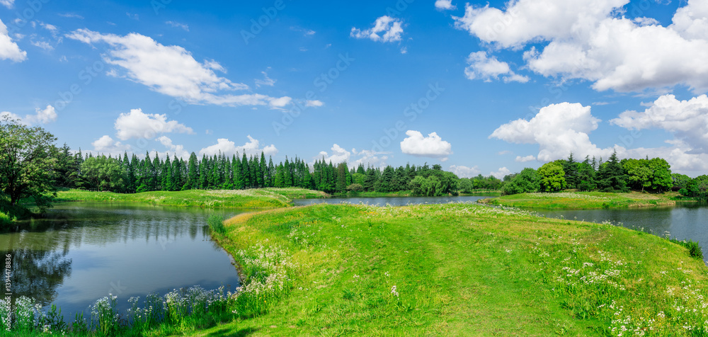 A serene lakeside landscape under a blue sky with fluffy clouds at day