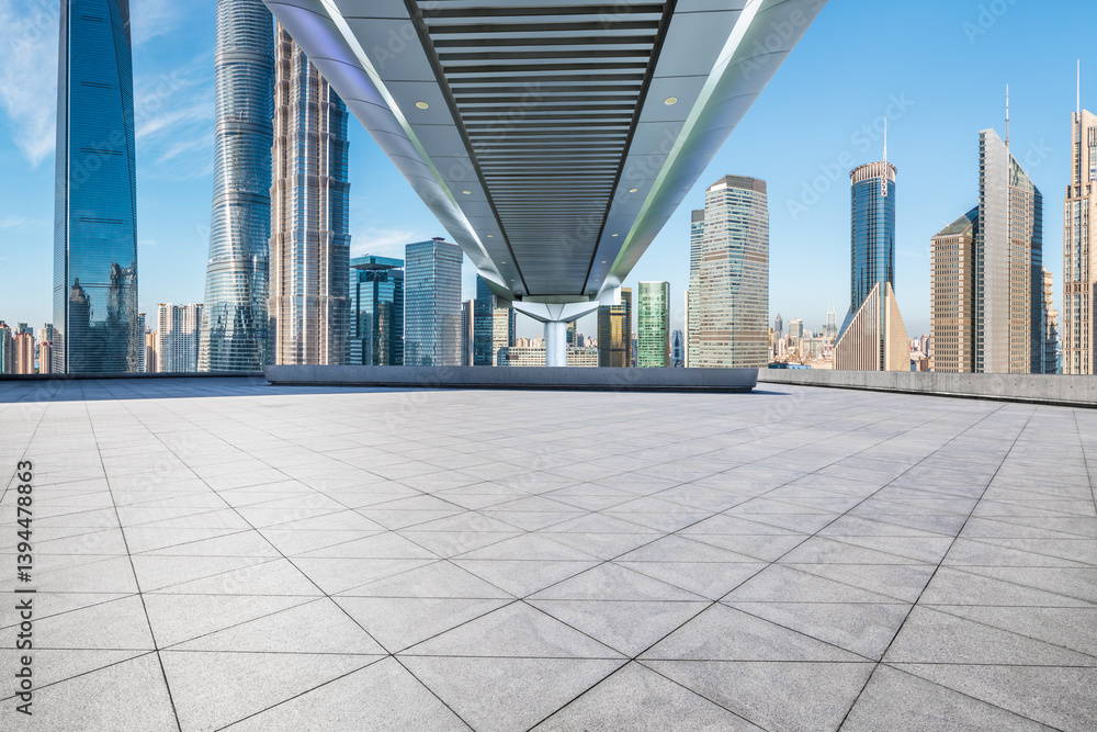Empty square floor and bridge with modern city buildings in Shanghai
