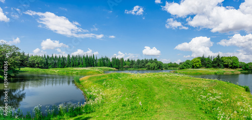Obraz na płótnie A serene lakeside landscape under a blue sky with fluffy clouds at day w salonie