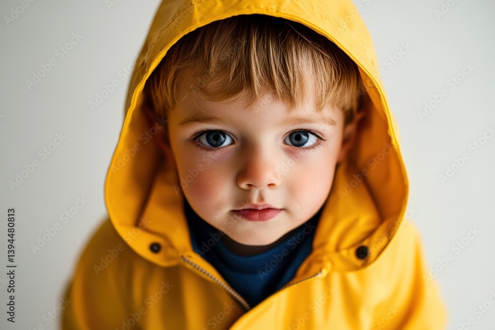 A Young Child Poses With A Yellow Raincoat Hood A Young Child Poses With A Yellow Raincoat Hood