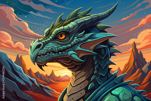 Dragon portrait on mysterious land of the galaxy under a strange colored sky, horror game banner