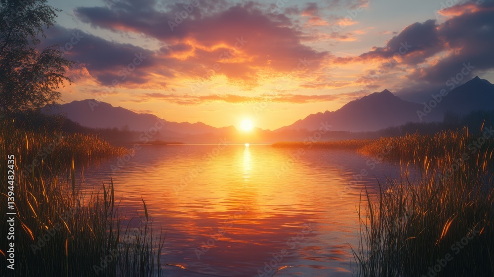 Obraz premium A serene sunset over a tranquil lake, surrounded by mountains and lush grass, creating a picturesque and calming natural landscape.