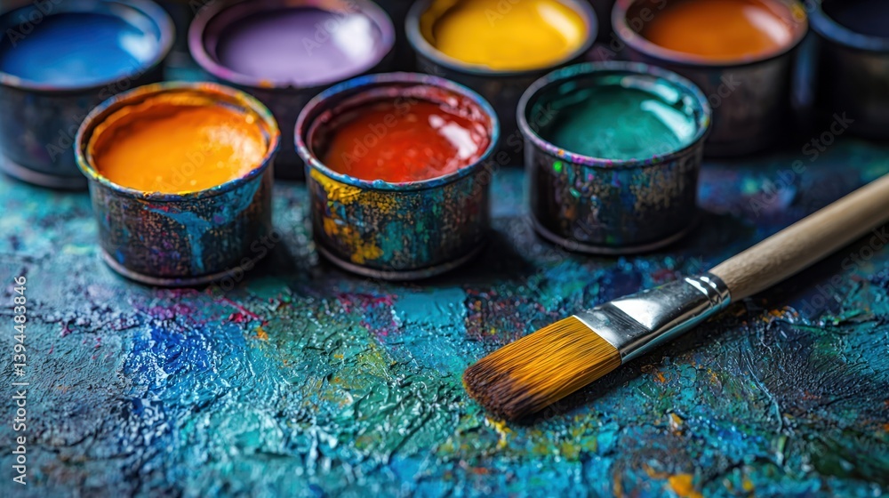 Obraz premium Colorful paint cans and brush on textured surface. (1)