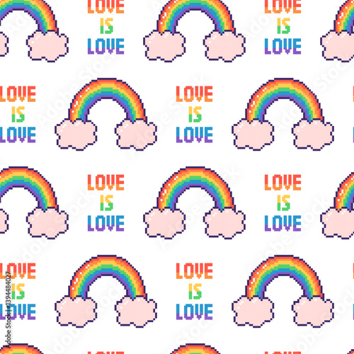 Seamless pattern with pixel rainbow. Hand drawn vector illustration for LGBT pride month.