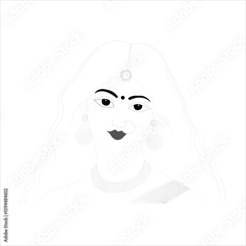 Indian Woman Line Art White Background