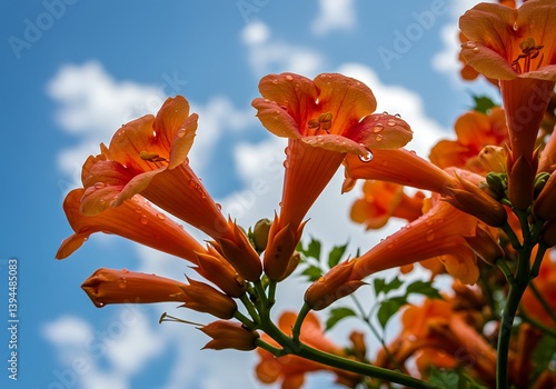 Blooming Orange Trumpet Flowers with Water Droplets Against a Cloudy Sky photo