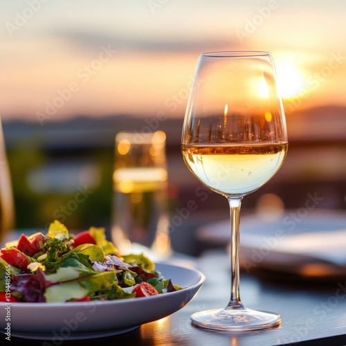 Dinner with wine and salad at sunset