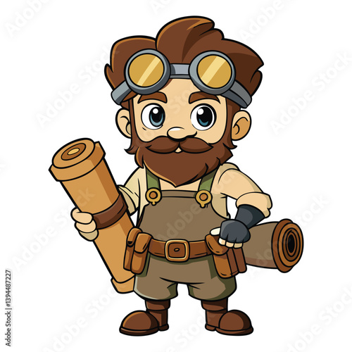 Cartoon Steampunk Engineer Man with Goggles Holding Blueprint Scrolls Bearded Character for Invention, Construction, and Industrial Design