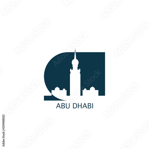 Abu Dhabi vector icon with skyline, panoramic view, city shape. UAE landmarks logo concept. Blue flat isolated graphic, badge