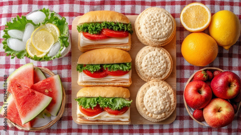 Naklejka premium Summer Picnic Sandwiches, Fruit, and Biscuits on Checkered Cloth