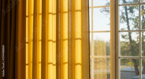 Wallpaper Mural Golden Hour Curtains and Window View - Sunlight streams through sheer gold curtains, illuminating a tranquil window view of trees and sky Torontodigital.ca