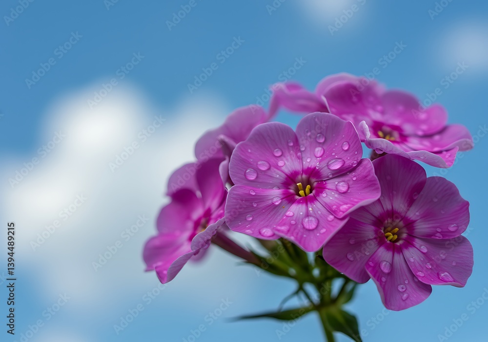 Obraz premium Pink Garden Flowers with Water Droplets Against a Cloudy Blue Sky