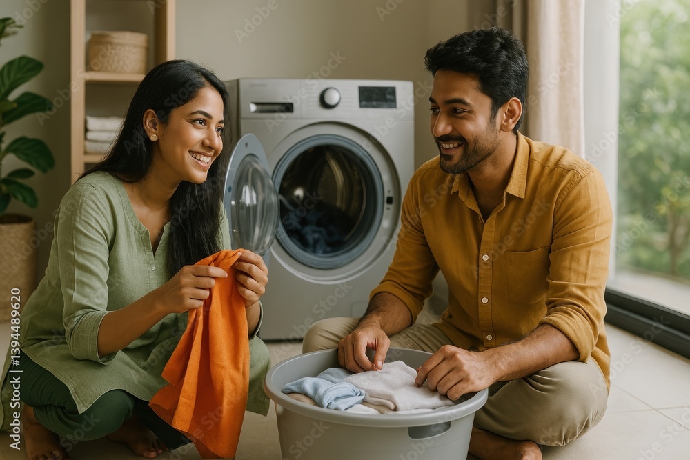 Couple enjoys doing laundry together.