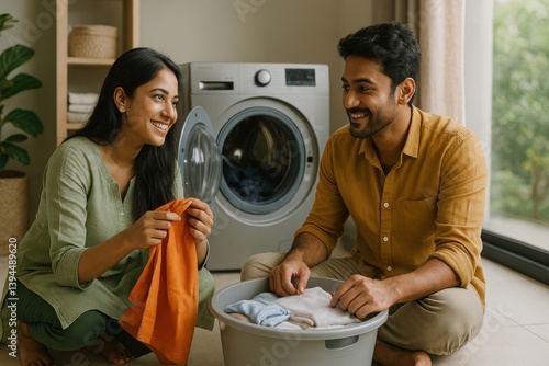 Obraz na płótnie Couple enjoys doing laundry together. w salonie