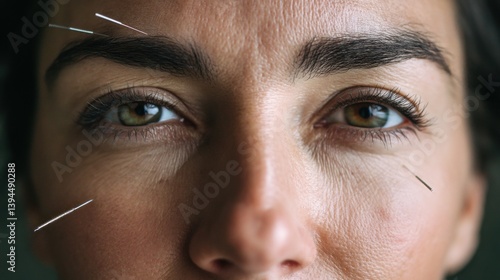 Acupuncture treatment, Close-up of a woman's face with visible facial treatment needles.