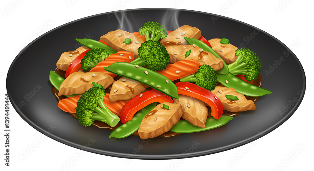 Colorful plate of stir fried chicken with vegetables featuring peppers and snow peas Colorful plate of stir fried chicken with vegetables featuring peppers and snow peas