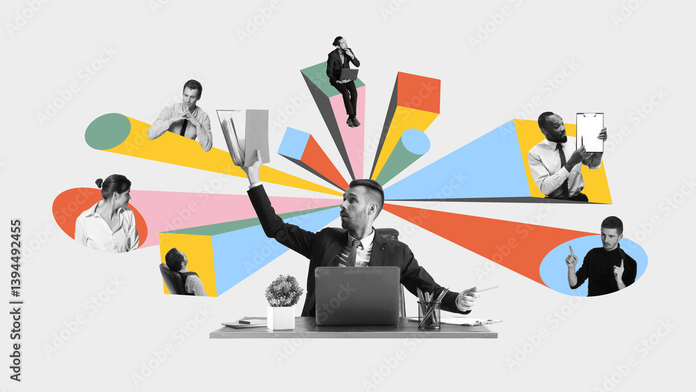 Creative businessman lifting documents while interacting with virtual collaborators on vibrant projections. Concept of remote project management and outsourcing workflow, business, employment