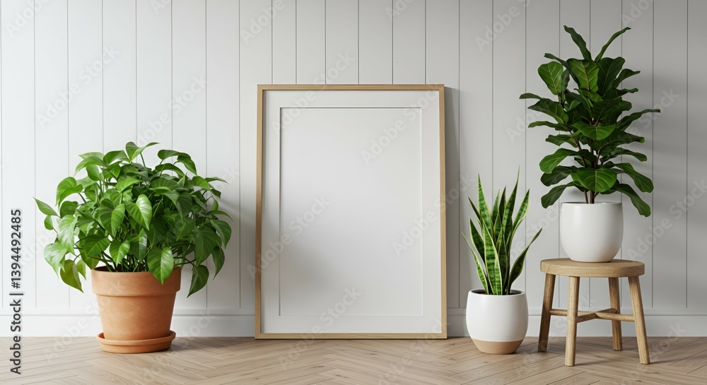 Fototapeta premium Modern Minimalist Home Decor Blank Frame Mockup with Potted Plants