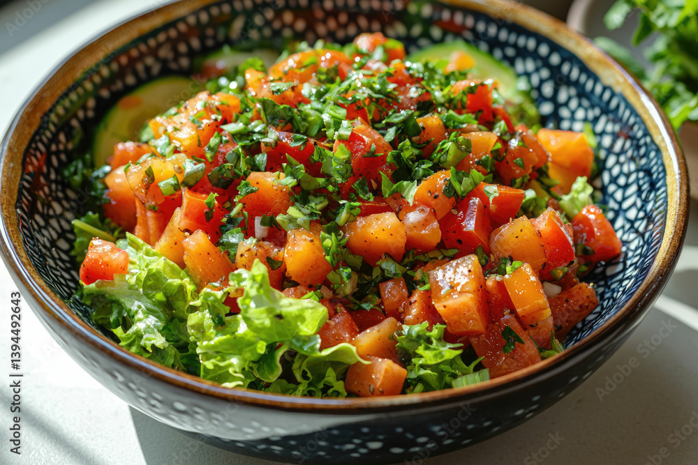 A vibrant salad in a patterned bowl features fresh tomatoes, herbs, lettuce, and cucumbers for a healthy and refreshing meal.