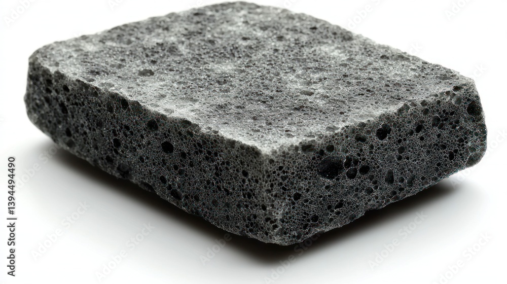 Dark gray porous rectangular stone-like block. Dark gray porous rectangular stone-like block.