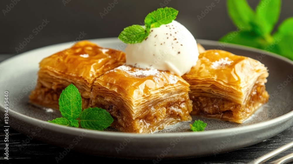 Baklava with ice cream dessert Baklava with ice cream dessert