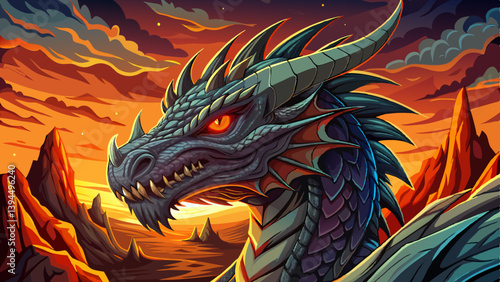 Dragon portrait on mysterious land of the galaxy under a strange colored sky, horror game banner