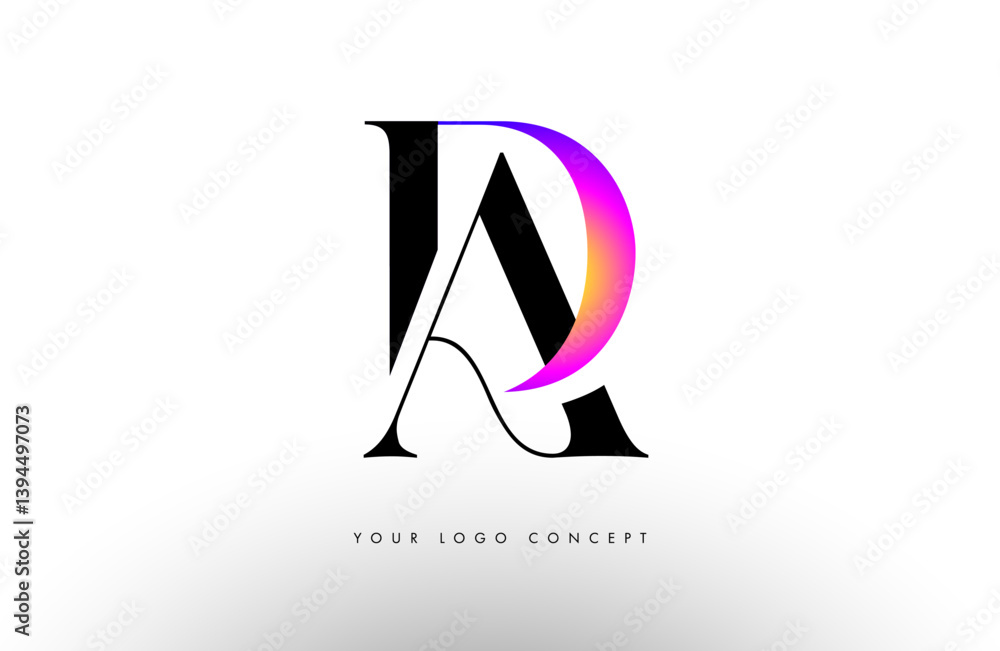 Elegant AD logo concept icon design with serif font and purple blue neon colors.