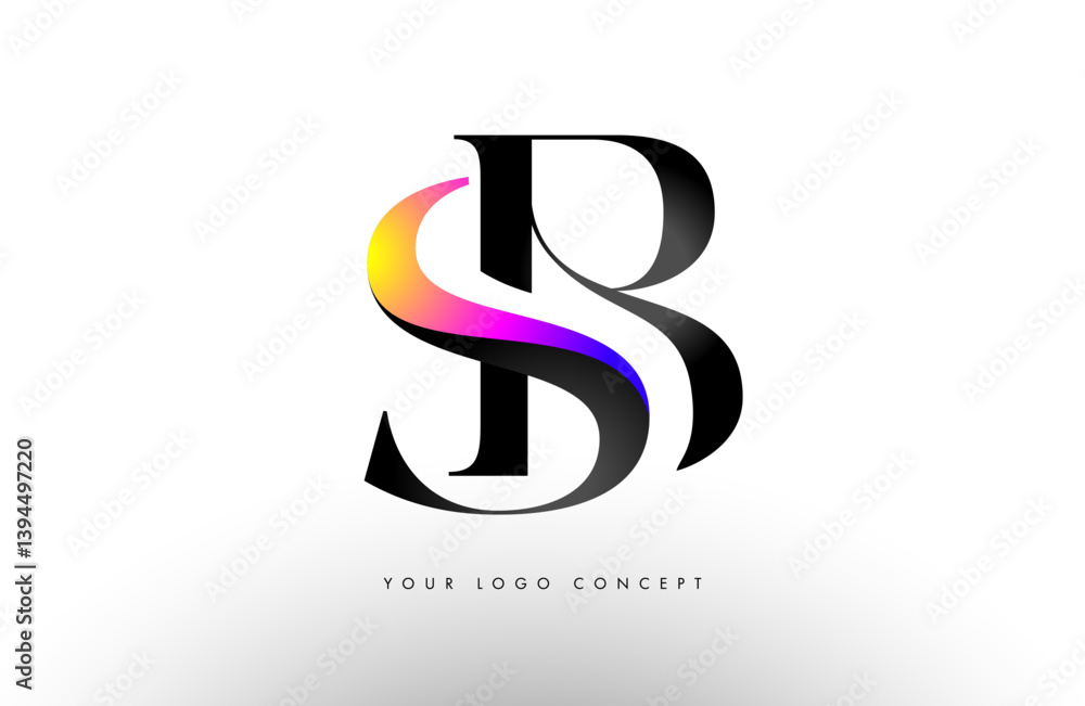 Elegant SB logo concept icon design with serif font and purple blue neon colors.