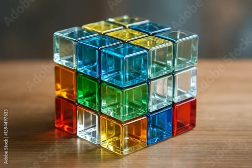 a rubics cube that made out of clear cristal cubes, make it with similar color patern of a real rubics cube