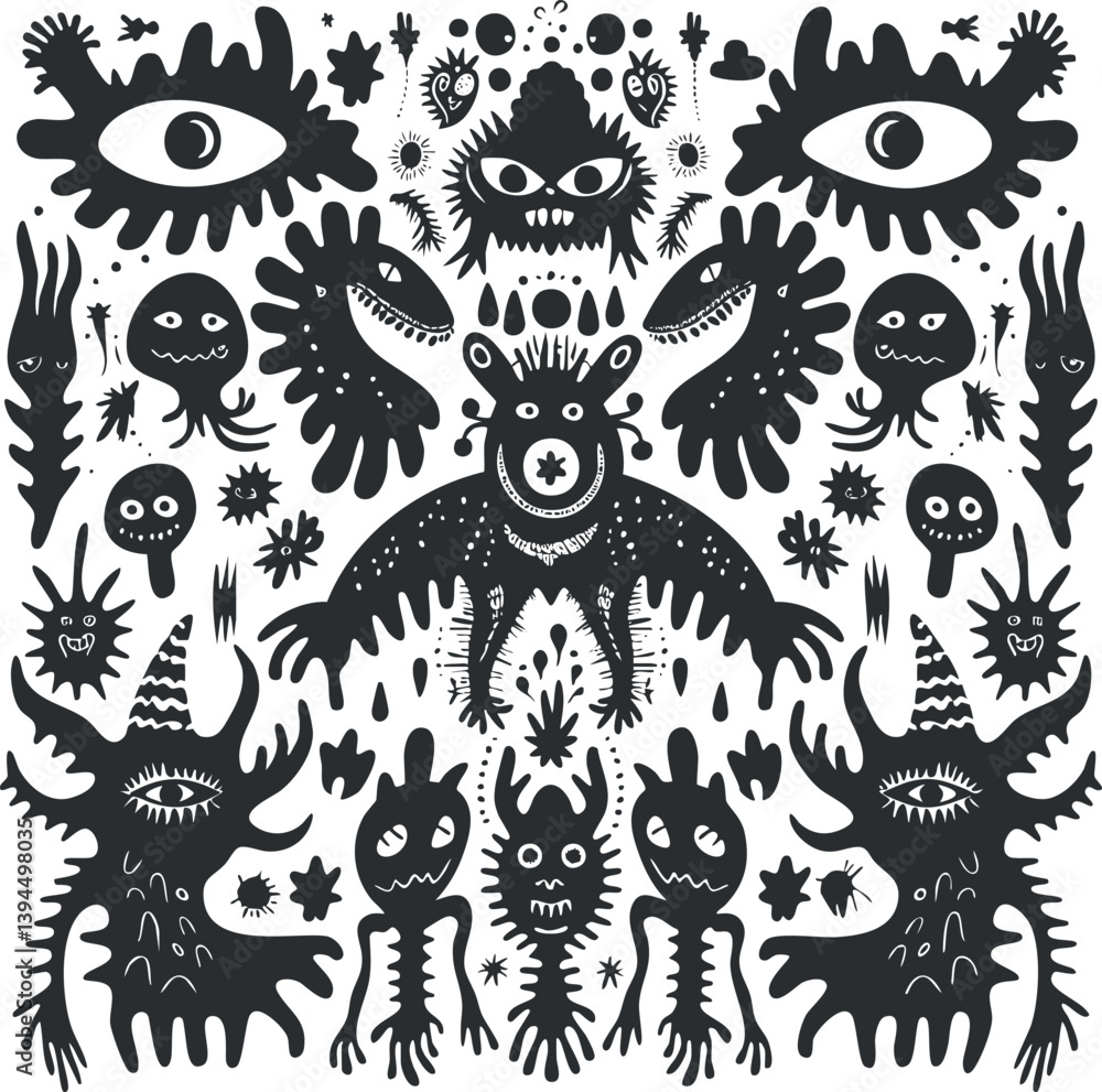Obraz premium A surreal black and white illustration featuring a variety of abstract monsters and eyes.