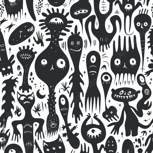 Black and white pattern of whimsical monster characters with a playful and spooky theme.