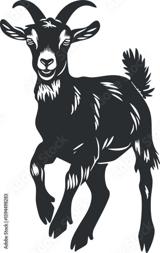 Black and white silhouette illustration of a playful goat with horns jumping energetically.