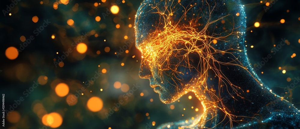 custom made wallpaper toronto digitalA digital illustration of a human head with glowing neural network, symbolizing artificial intelligence and futuristic technology.