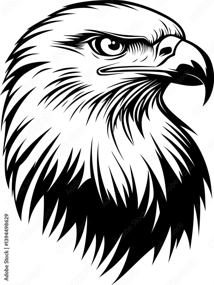 Powerful black and white vector illustration of a bald eagle's head in profile, showcasing its sharp gaze and detailed feathers. Represents freedom, strength, and American symbolism. Powerful black and white vector illustration of a bald eagle's head in profile, showcasing its sharp gaze and detailed feathers. Represents freedom, strength, and American symbolism.