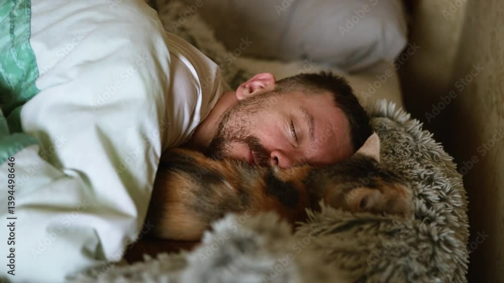 Young guy sleeps hugging a cat Young guy sleeps hugging a cat