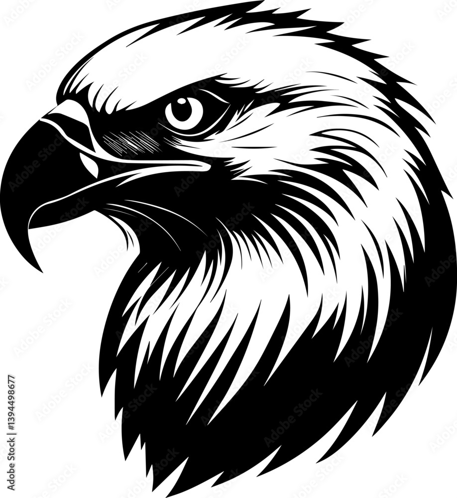 Powerful black and white vector illustration of a bald eagle's head in profile, showcasing its sharp gaze and detailed feathers. Represents freedom, strength, and American symbolism. Powerful black and white vector illustration of a bald eagle's head in profile, showcasing its sharp gaze and detailed feathers. Represents freedom, strength, and American symbolism.