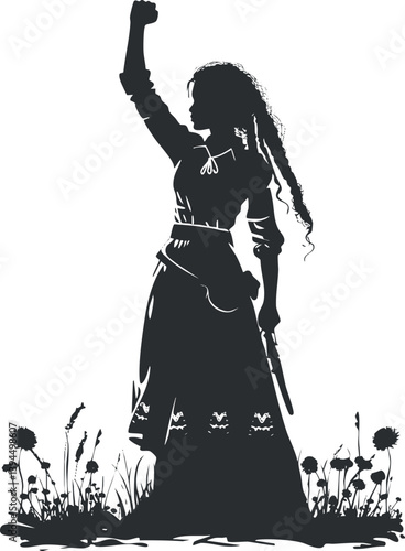 Silhouette of a woman raising her fist in protest, symbolizing empowerment and strength.