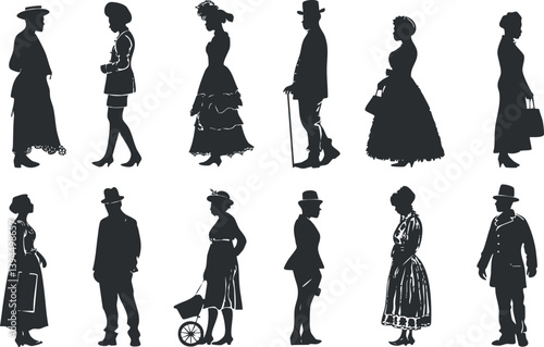Silhouettes of Victorian-era people showcasing historical fashion and vintage clothing styles.